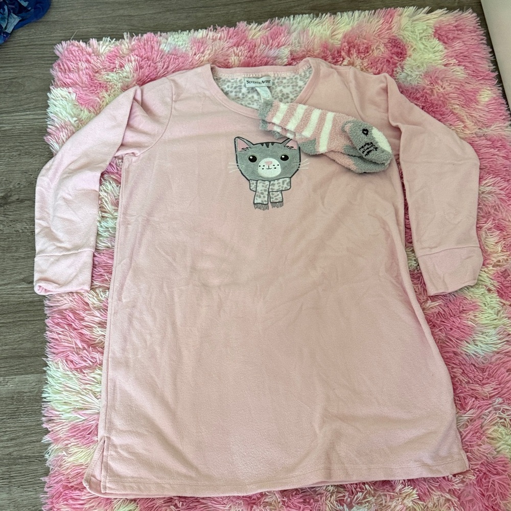 Charming Pink Cat Nightgown with Cozy Socks